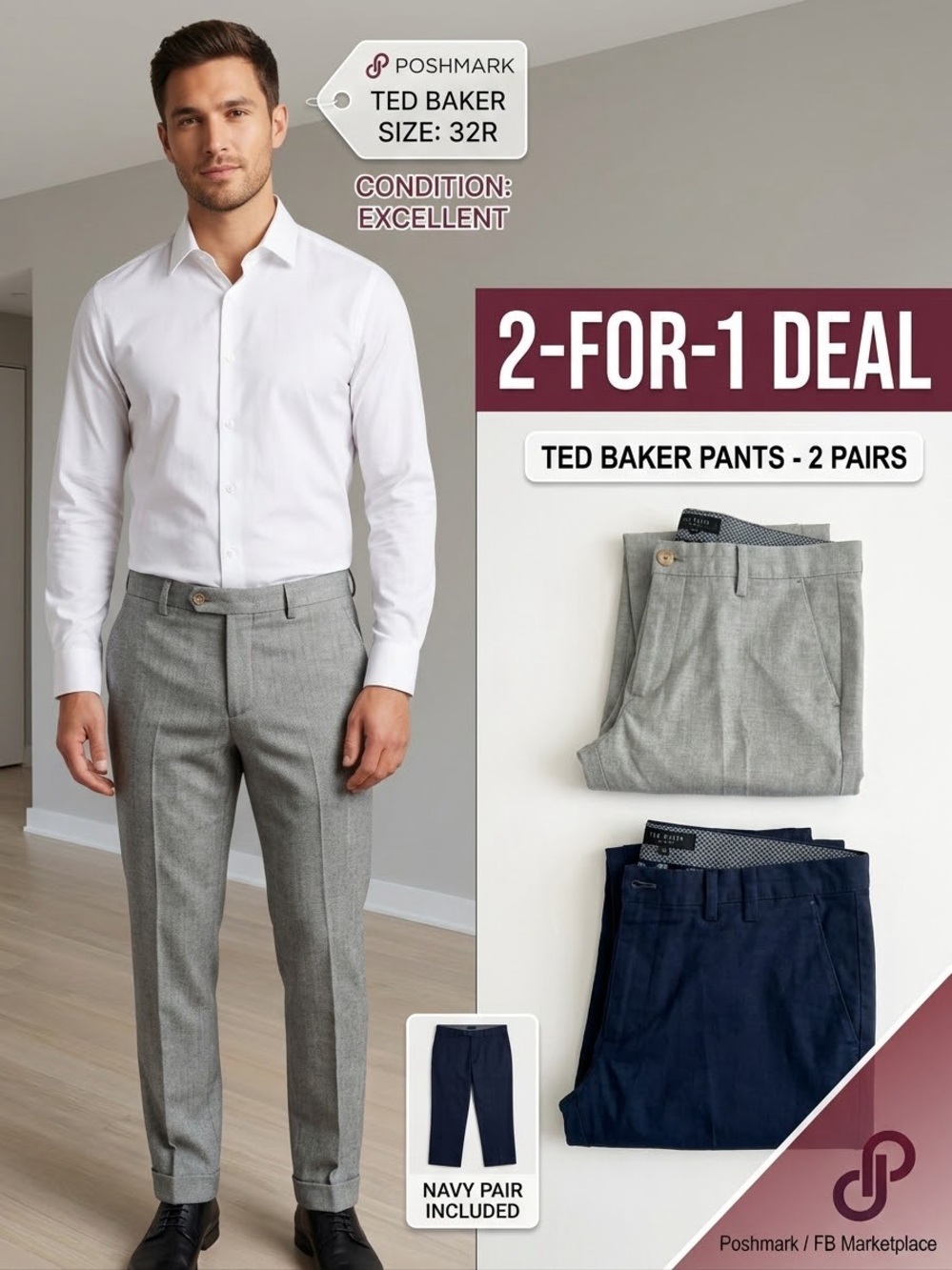 Ted Baker Gray Dress Pants with Navy Pair - Men's